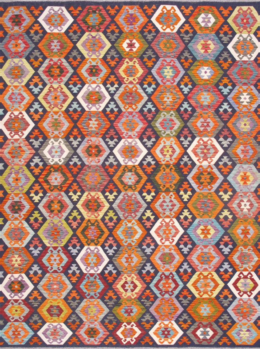 990247 8.06x11 Kilim Collection Reversible Wool Multicolor Area Rug- 8' 6'' X 11' 3''