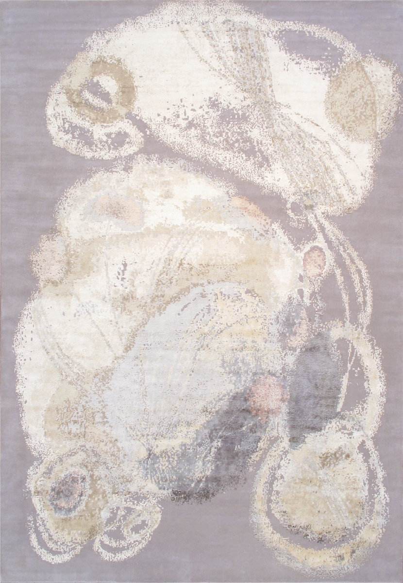 Modern 10' X 14' Hand-Knotted Silk & Wool Ivory/Grey Rug - All Ages, Indoors