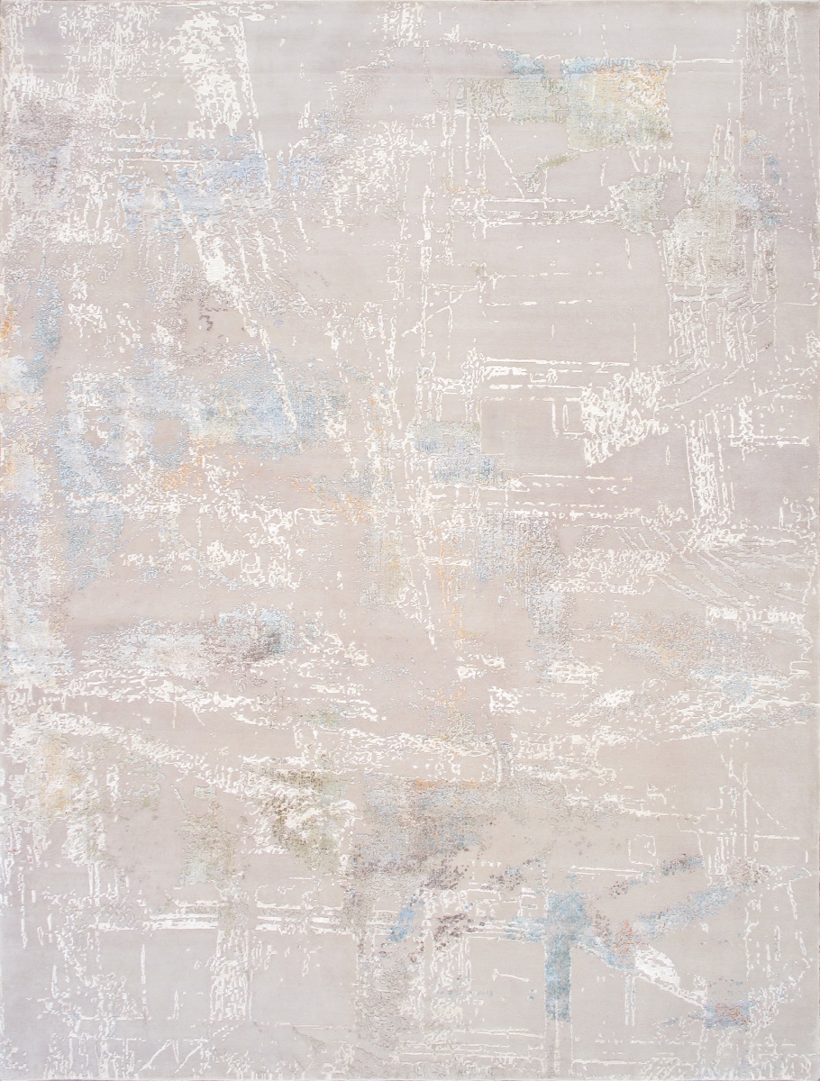 Modern 10' X 14' Hand-Knotted Silk & Wool Silver/Multi Rug - All Ages, Indoors