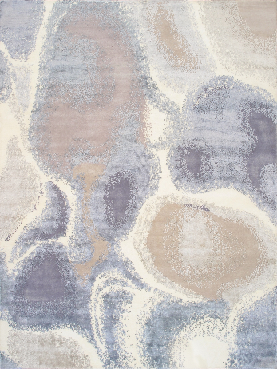 Modern 9' X 12' Hand-Knotted Silk & Wool Ivory/Blue Rug - All Ages, Indoors