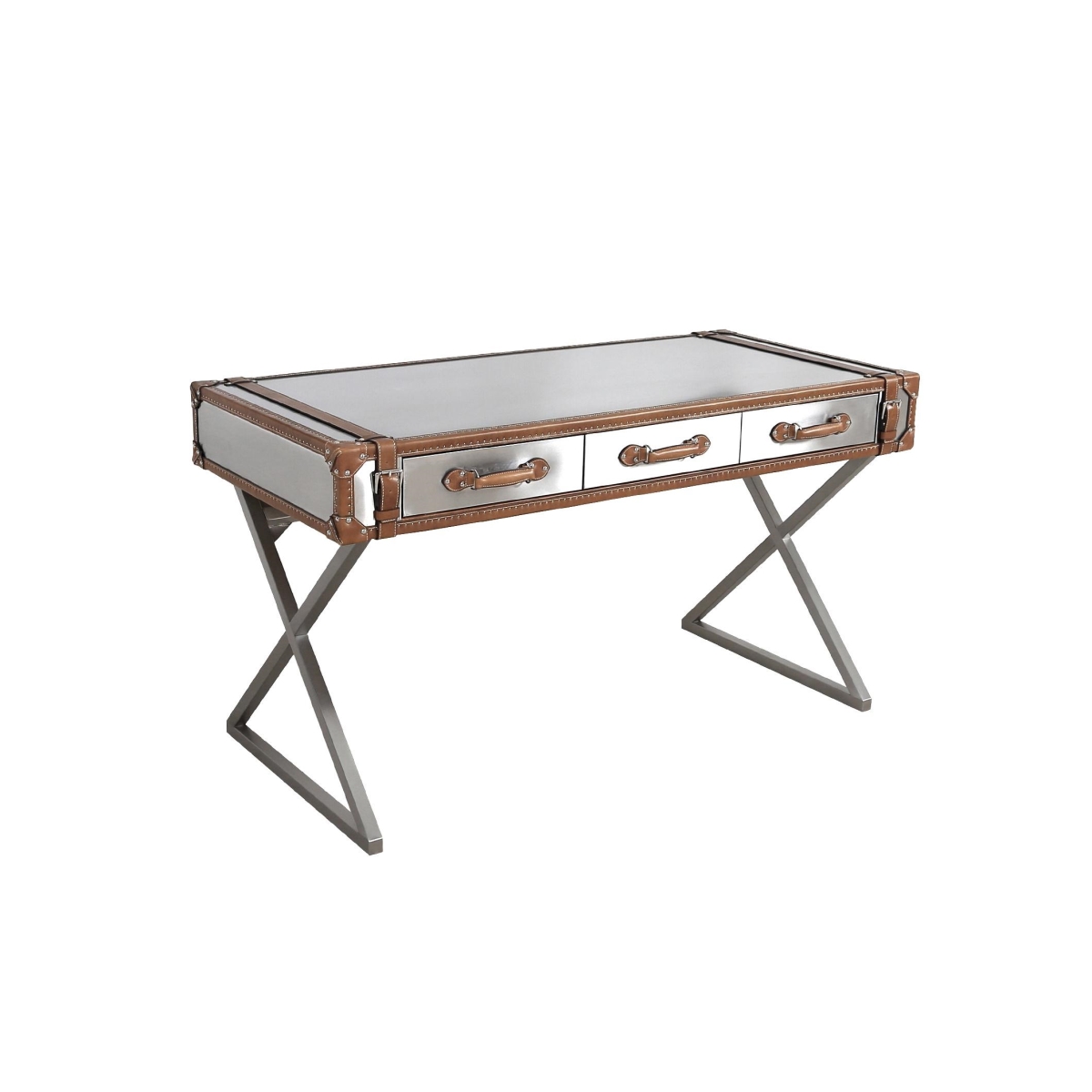 Picture of Pasargad Home DESK-0092 Pasargad Home Brookline Stainless Steel with Genuine Leather Desk&#44; Brown
