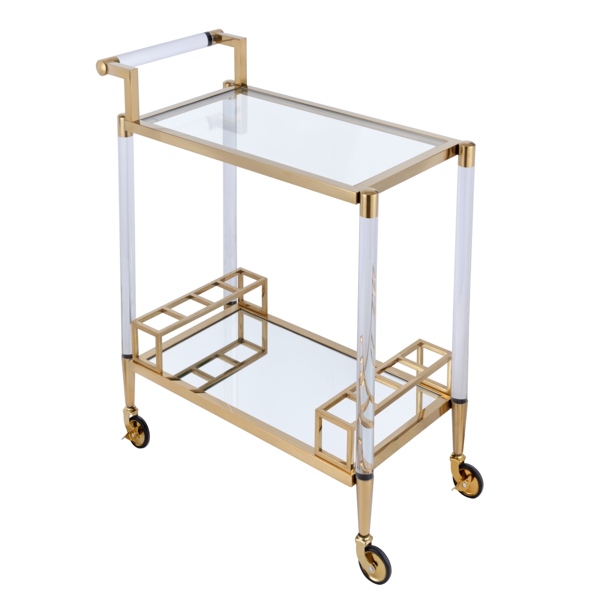 PMH-1798  Glacia Modern 2-Tier Lucite and Metal Bar Cart with Glass Shelves, Gold