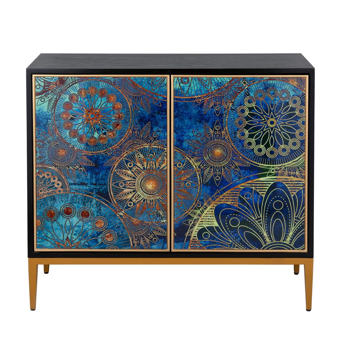 PPH-L1 Eclipta Modern Accent Cabinet, Multicolor Pattern Doors with Black Finish & Gold Metal Legs, Push-Button Doors,