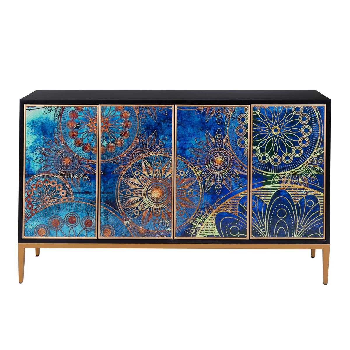 PPH-L2 Eclipta 4-Door Modern Sideboard Cabinet, Multicolor Pattern with Black Finish & Gold Metal Legs, Push-to-Open Storage