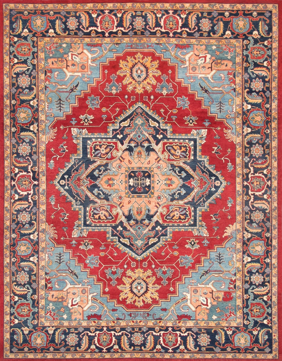 PSAM-102 9x12 Serapi Hand-Knotted Red/Navy Wool Area Rug- 9' 0'' X 11' 7''