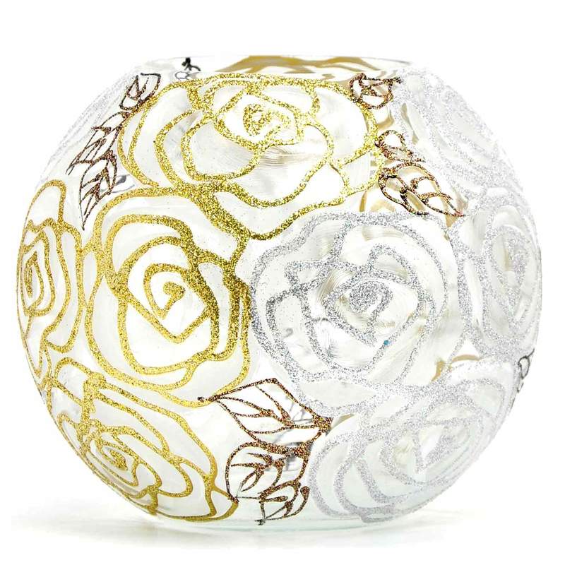 Picture of B2 Studio 5578-180-sh047 6 in. Hand Pianted Round Bubble Gold Roses Art Glass Vase for Flowers