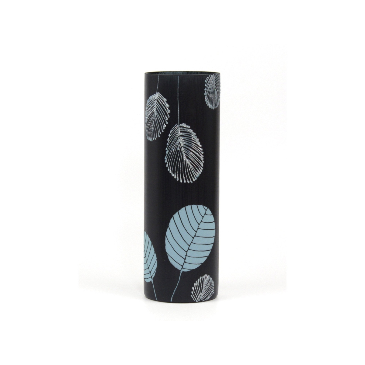 7856-300-sh104.6 12 in. Hand Painted Cylinder Art Glass Table Vase for Flowers, Black with Blue Leaf Print -  B2 Studio, 7856/300/sh104.6