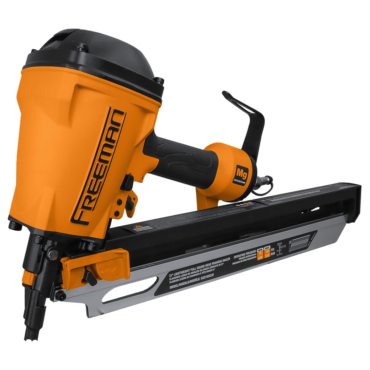 3.25 in. Compact Lightweight Pneumatic 21 Deg Full Round Head Framing Nailer with Adjustable Metal Belt Hook & 0.25 in. NPT Air Connector