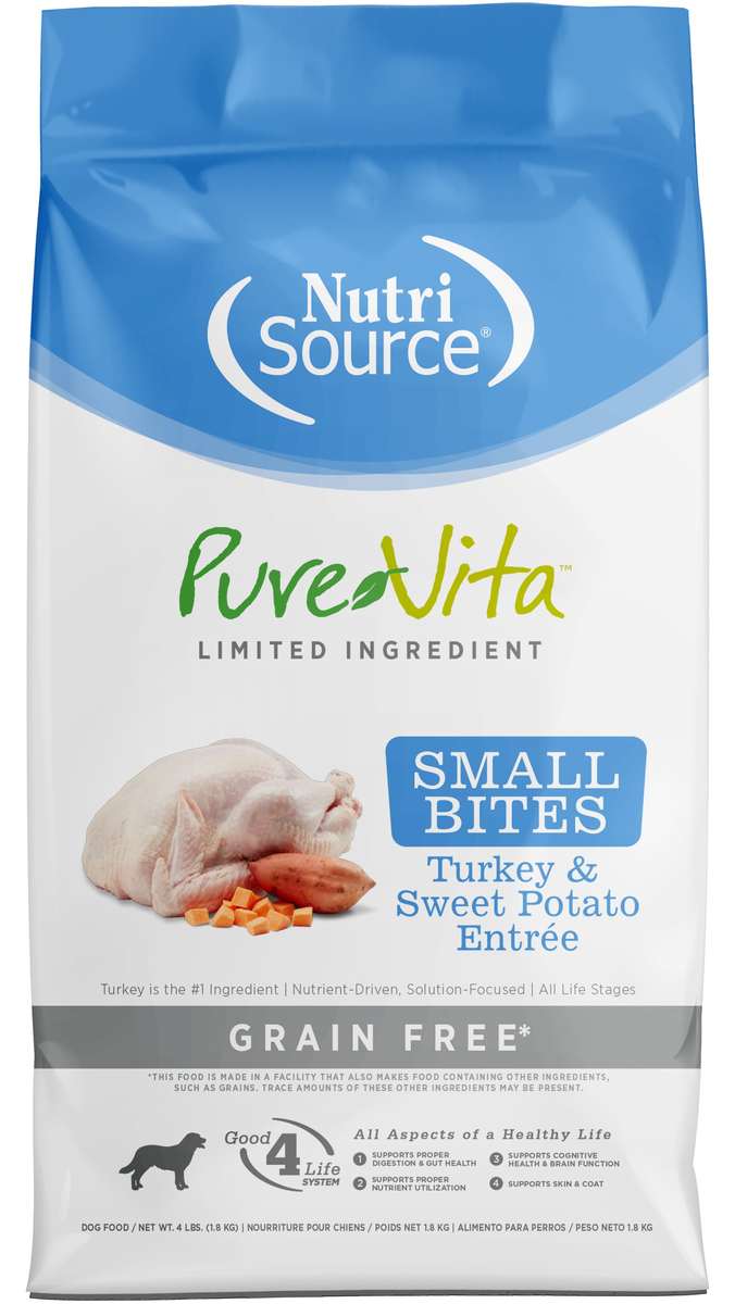 Picture of Pure Vita 125184 4 lbs Grain Free Small Bites Turkey & Sweet Potato Dog Food - MP8