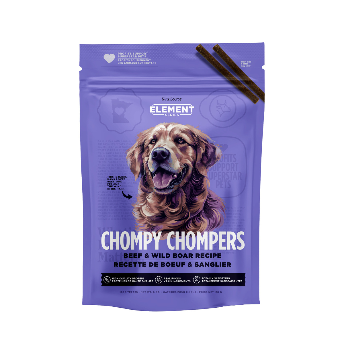 Picture of Nutrisource 124405 6 oz Element Series Beef & Wild Boar Chomp Chompers Dog Treats MP12 Case - Pack of 12