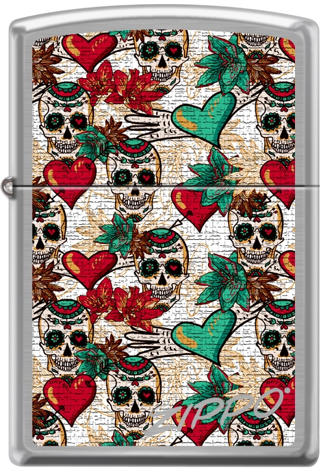 ZIP-207CI016545 2019 Skull Hearts Background Satin Lighter - Chrome
