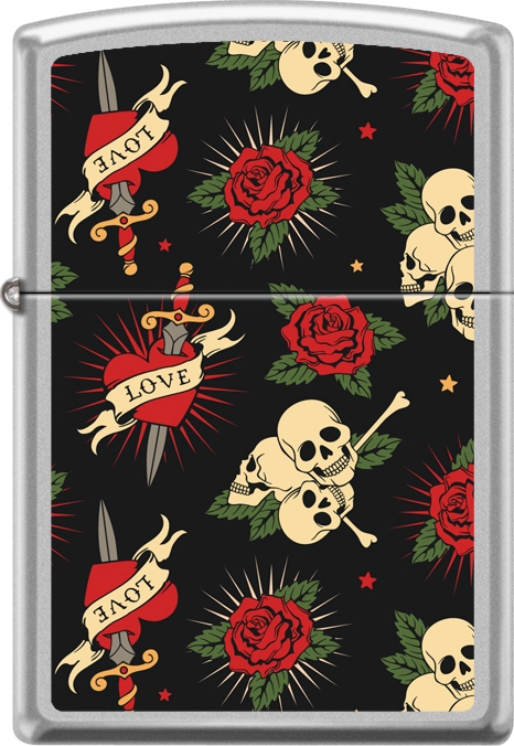 ZIP-207CI018416 2019 Roses Hearts Skulls Satin Lighter - Chrome