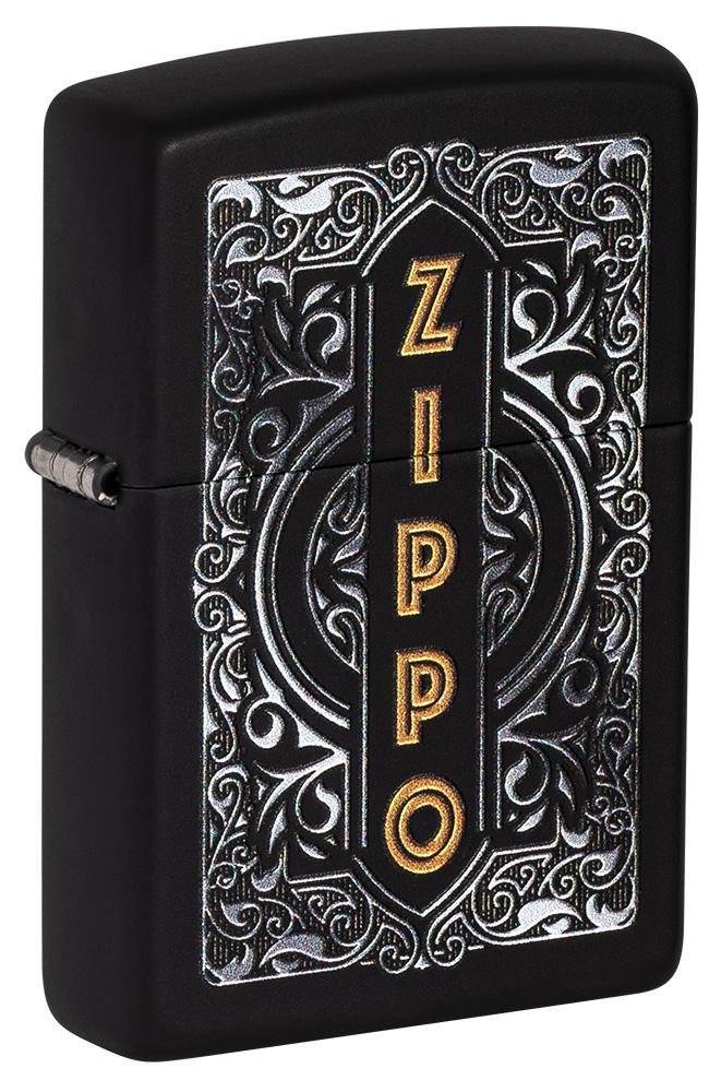 ZIP-49535 Vertical Design with Silver Filigree Lighter, Black Matte