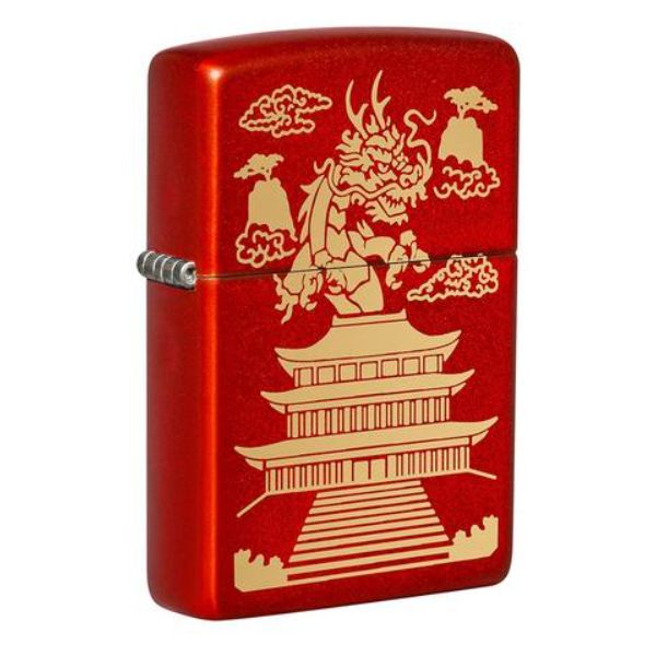 ZIP-49517 Dragon with Chineese Pagoda Design Lighter, Metalic Red