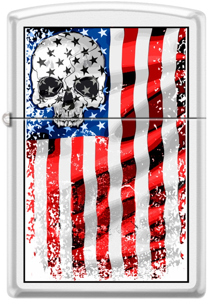 ZIP-214CI405750 2024 Zippo Skull American Flag Lighter, White Matte