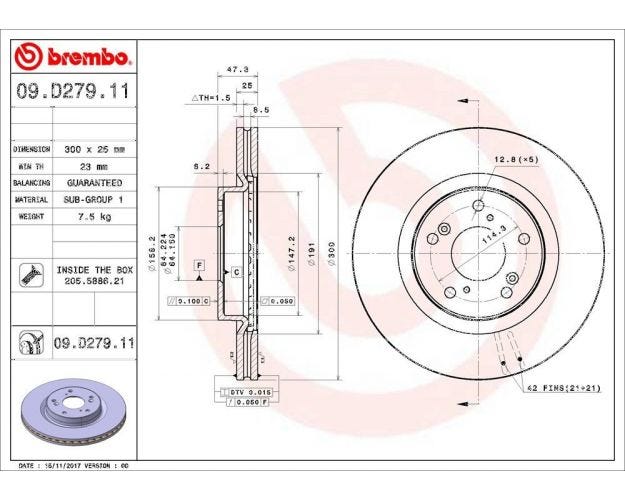 09.D279.11 Disc Brake Rotor for 2012-2016 Honda CR-V - Front