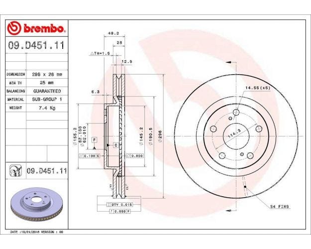 09.D451.11 Disc Brake Rotor for 2012-2018 Toyota Avalon - Front