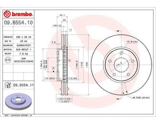 09.B554.11 Disc Brake Rotor for 2011-2011 Nissan Quest - Front