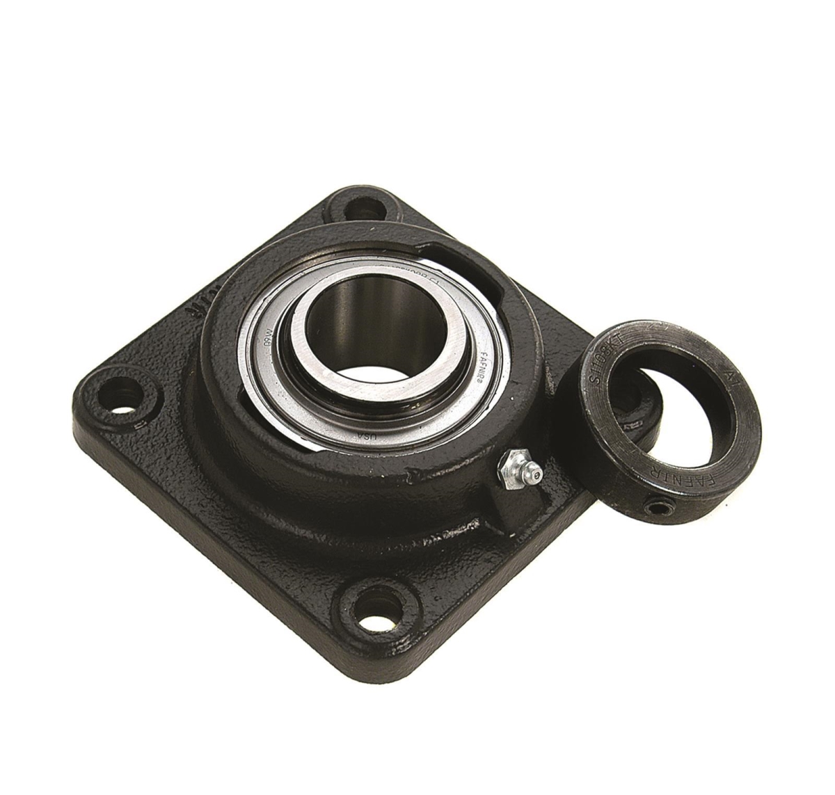 4 Holes, Square Housing, Flange Mount Bearing, Radial Ball, 1 in Dia, Cast Iron, Eccentric Locking Collar