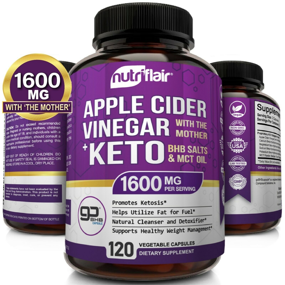 Picture of Keto kett8616 Mother Raw Apple Cider Vinegar with Go Salts Diet Pill Capsules