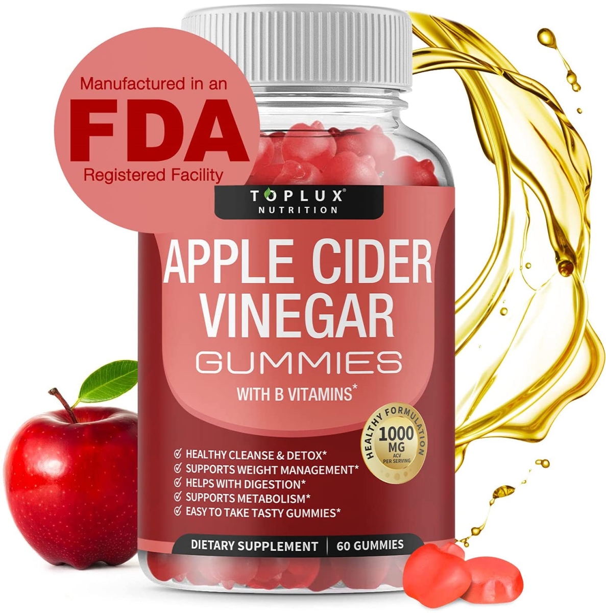 20135mh 1000 mg Apple Cider Vinegar Organic Acv Gummies with Mother Weight Loss 60 Gummies -  Premium