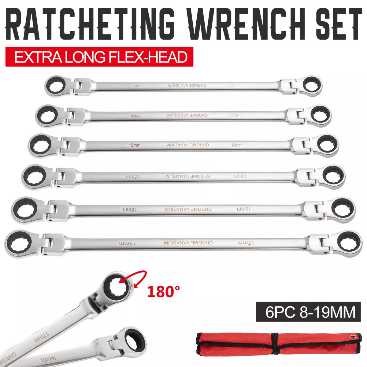 Picture of Head Metix 6Pc 8-19mm Metric Flexible Head Ratcheting Wrench Extra Long Double Box End Set