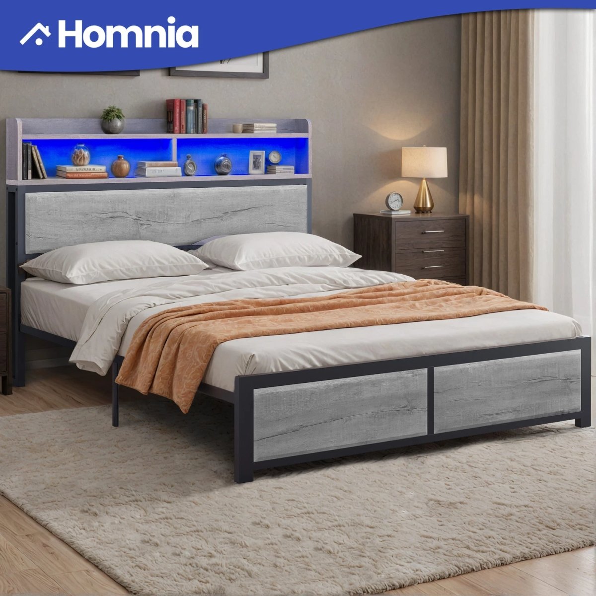 Picture of Homnia BEYSHvDMeh Queen Size Platform Bed Frame Storage Shelves Headboard LED Light Metal Platform