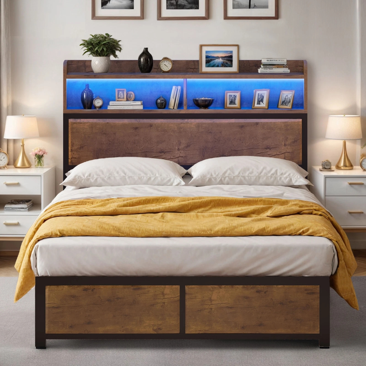 Picture of Guest 21833 Queen Size LED Bed Frame Wooden Headboard w/ Storage Shelves & Metal Platform