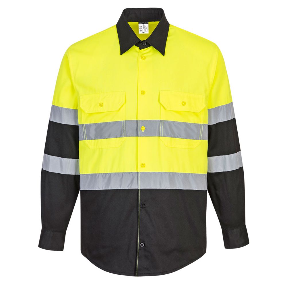 Hi-Vis Long Sleeve Work Shirt, Class 2, Type R, Polyester/Cotton Fabric, Yellow/Black, 4XL