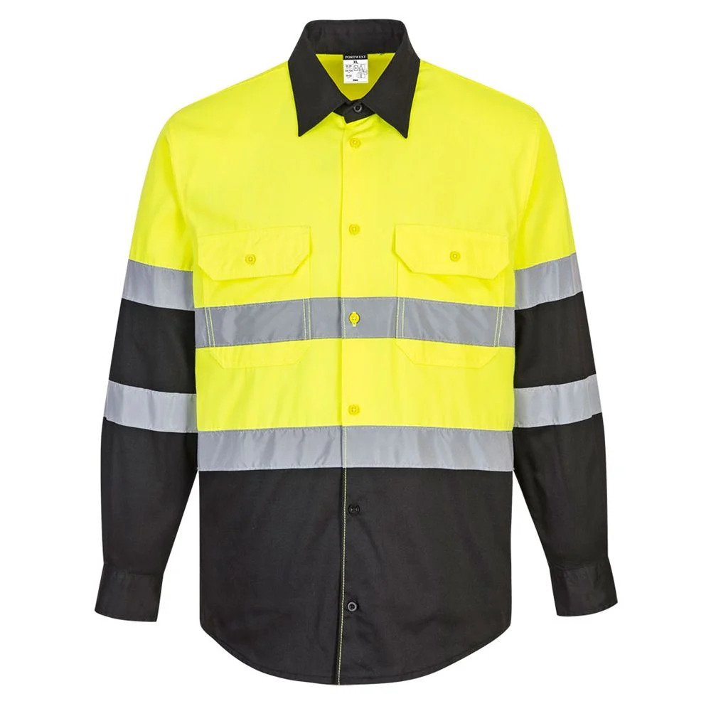 Hi-Vis Long Sleeve Work Shirt, Class 2, Type R, Polyester/Cotton Fabric, Yellow/Black, M