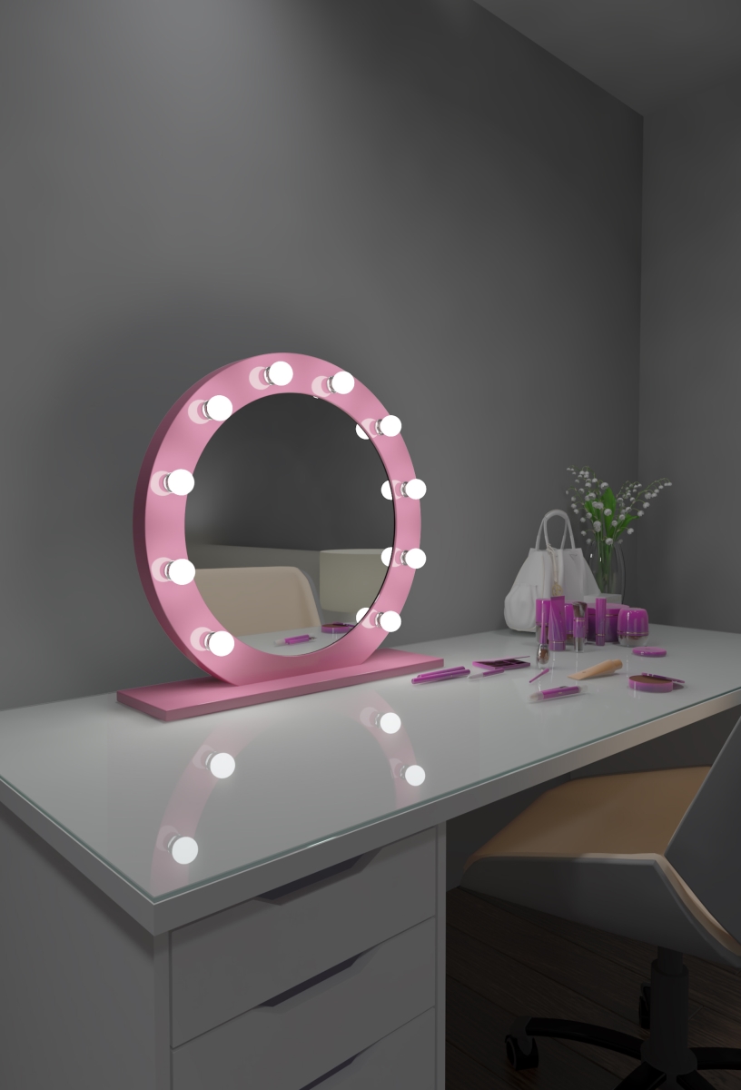 28 x 28 in. Diana Hollywood Mirror with LED Bulbs, Pink