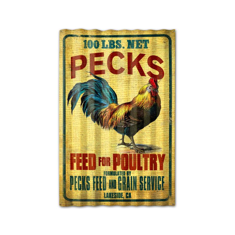 Past Time Signs PTSC009 Pecks Rooster Feed Corrugated Rustic Barn Wood Sign