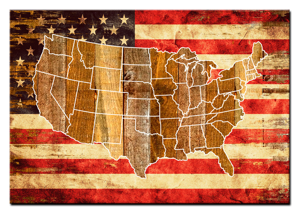Picture of Past Time Signs PTSW020 26 x 18 in. USA Flag Map Printed On Wood Print