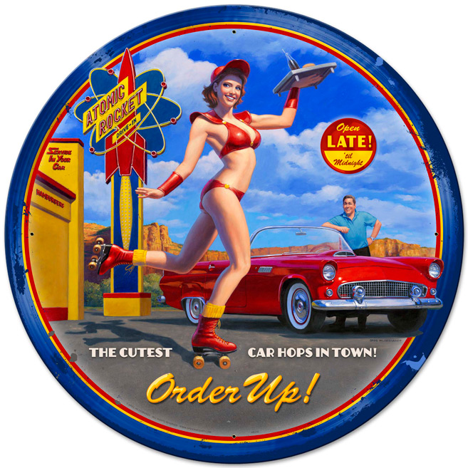 Picture of American Beauties by Greg Hildebrandt HB236 28 x 28 in. Car Hop Round Metal Sign