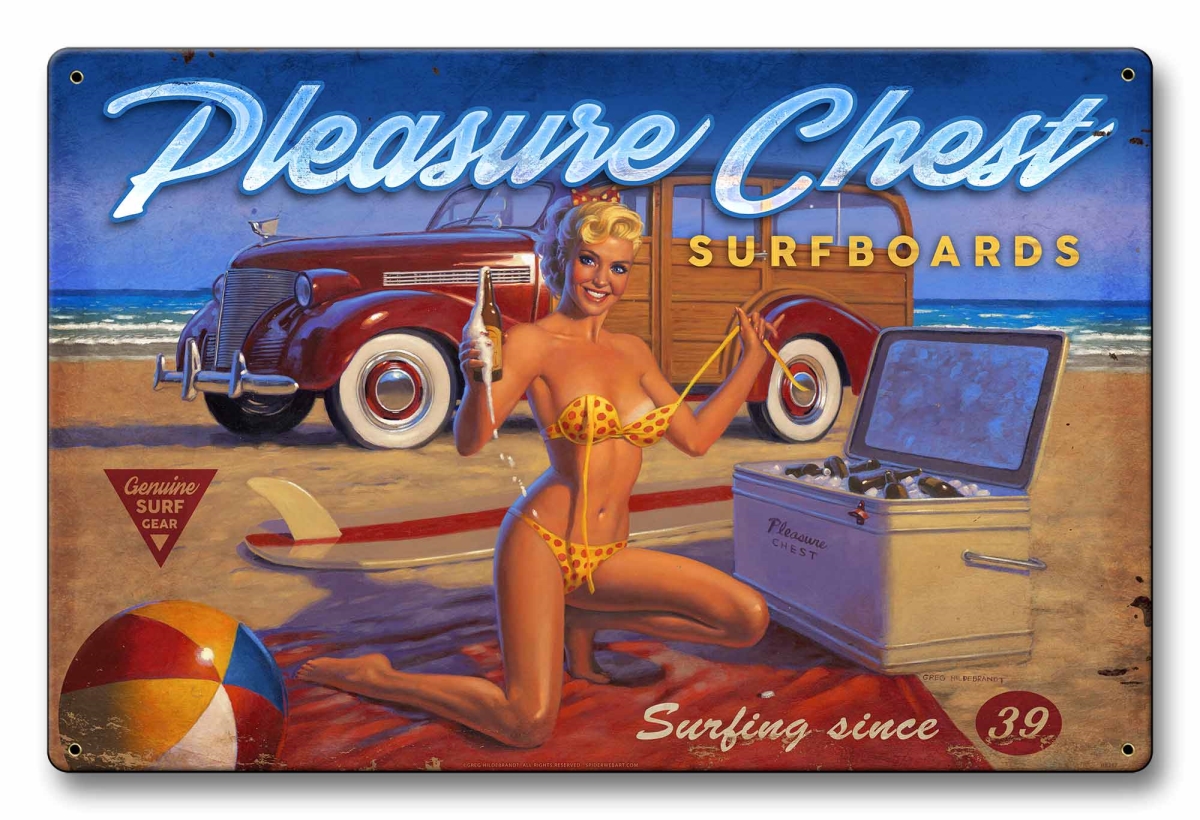 Picture of American Beauties by Greg Hildebrandt HB246 12 x 18 in. Pleasure Chest Satin Sign