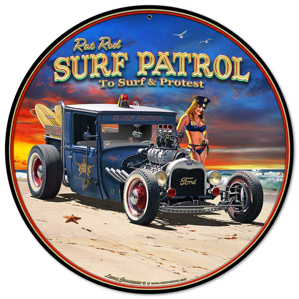 LGB317 14 x 14 in. 1929 Rat Rod Surf Patrol Round Sign -  Larry Grossman