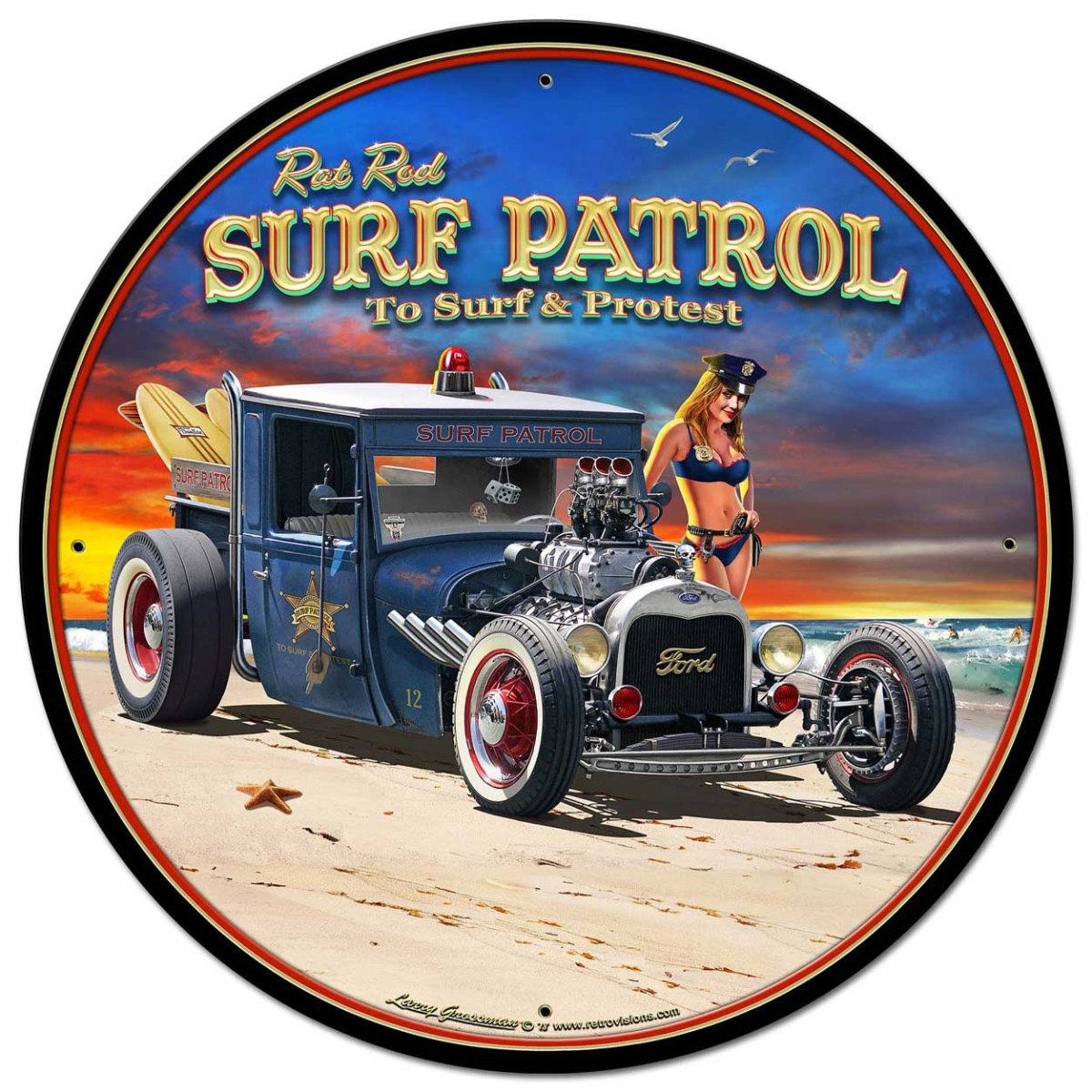 LGB318 28 x 28 in. 1929 Rat Rod Surf Patrol Round Sign -  Larry Grossman