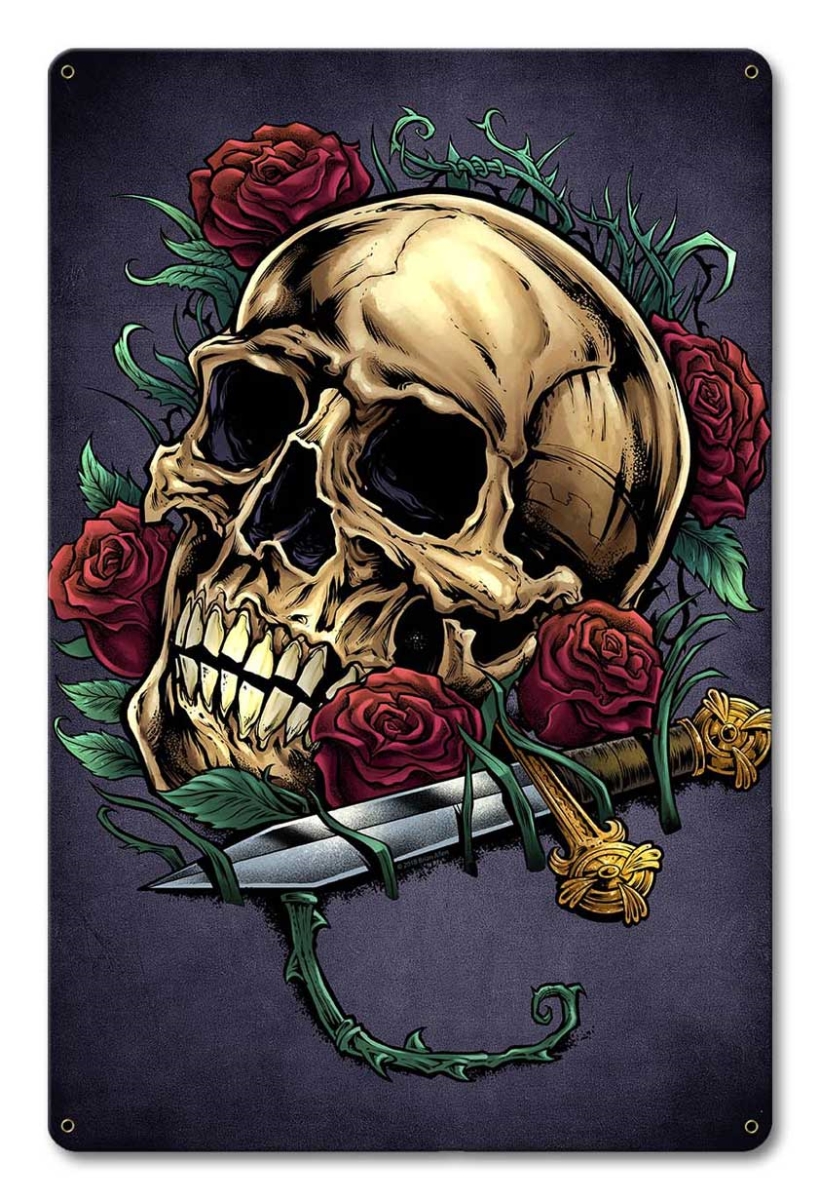 12 x 18 in. Satin - Skull Roses & Dagger Metal Sign -  HomePage, HO1611720