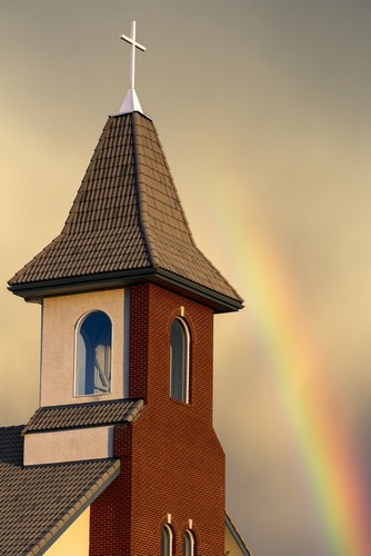 DPI12285204 Church Steeple with Orange Glow from The Sunset & Rainbow in The Sky - Calgary Alberta Canada Poster Print by Michael Interisano, 12 x 18