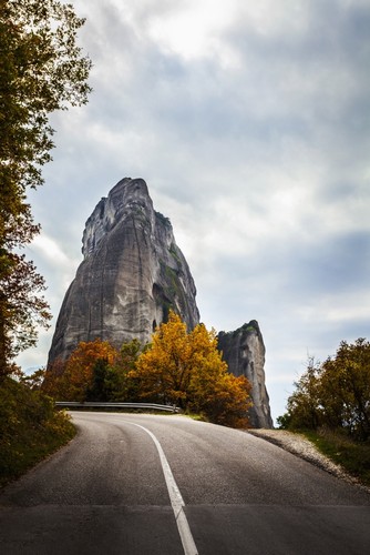 Rugged Cliffs Road & Autumn Foliage - Meteora Greece Poster Print by Reynold Mainse - 12 x 19
