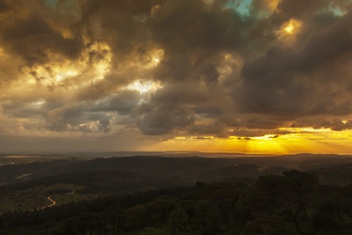 DPI12286904 Golden Sunset with Glowing Clouds & Silhouetted Landscape - Israel Poster Print by Reynold Mainse, 19 x 12
