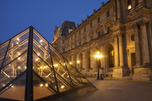 Le Louvre Palace Buildings & Pyramids At Night in Golden Light - Paris France Poster Print by Philippe Widling - 20 x 13