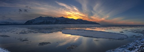 Sheets of Ice Being Carried Out with Outgoing Tide On Turnagain Arm At Sunset South of Anchorage Alaska. Poster Print by Carl Johnson, 36 x 13 - Large