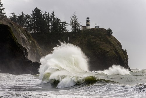 DPI12290362 Surf Breaks At Cape Disappointment Lighthouse - Ilwaco Washington United States of America Poster Print by Robert L.Potts, 19 x 12
