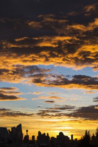 Dramatic Colorful Clouds At Sunrise with Cityscape & Tree Silhouette - Calgary Alberta Canada Poster Print by Michael Interisano, 24 x 38 - Large