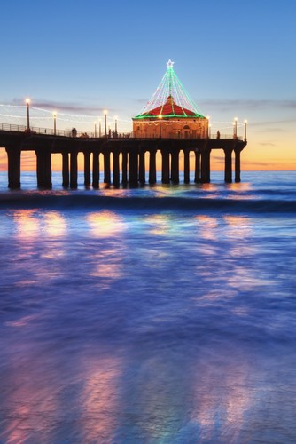 Manhattan Beach Pier At Sunset Completed in 1920 Roundhouse Marine Studies Lab Poster Print by Richard Maschmeyer, 12 x 19