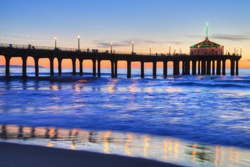 Manhattan Beach Pier At Sunset Completed in 1920 Roundhouse Marine Studies Lab Poster Print by Richard Maschmeyer - 38 x 24 - Large