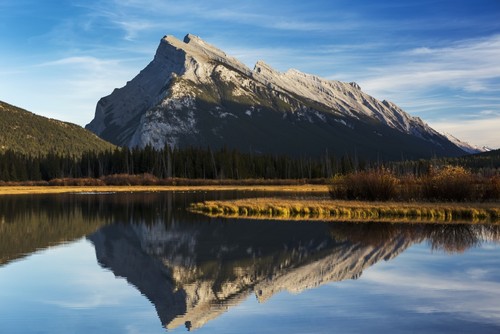Mountain Lake Reflecting Mountain At Sunset with Blue Sky & Clouds Banff National Park - Alberta Canada Poster Print by Michael Interisano, 19 x 12