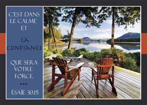 Two Adirondack Chairs On A Deck Looking Out Over Jensen Bay with A Scripture Poster Print by Lorna Rande - 18 x 13