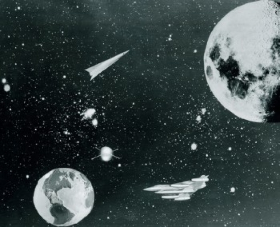 Spaceships Traveling Between Planet Earth & Moon Poster Print - 18 x 24 in.